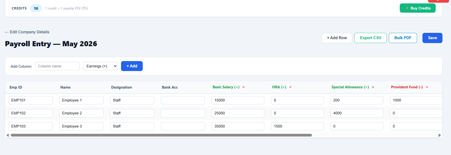 Payroll Entry Grid